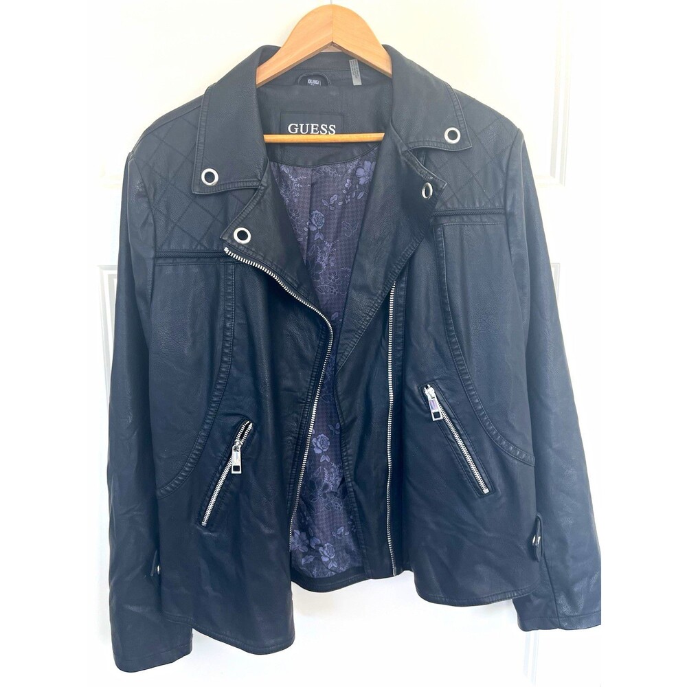 GUESS Womens Black Faux Leather Moto Biker Jacket Quilted Shoulder 2XL XXL